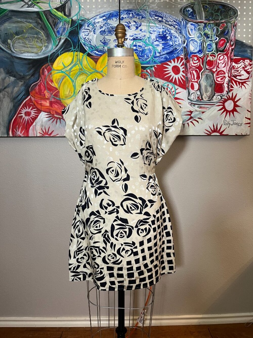 Langade VEDA Black & Ivory Rose Print Convertible Shift Dress Vintage 80s - Picture 2 of 9